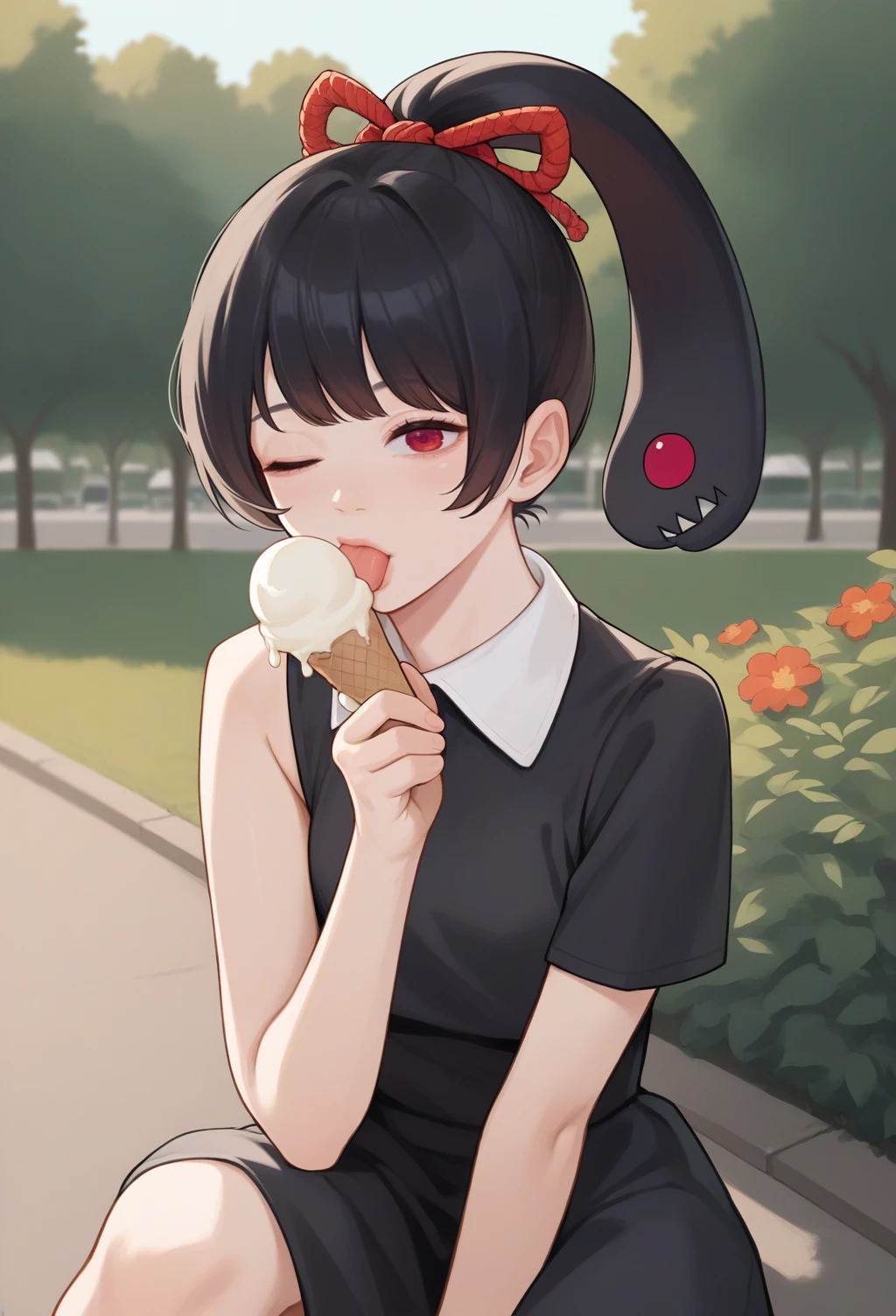 score_9, score_8_up, score_7_up, score_6_up, score_5_up, score_4_up, source_anime, pingtsi, black hair, red eyes, ponytail, feeding ice cream to living hair, bangs, sidelocks, black dress,, wink, ;), outdoors, park, blurred background, realistic, asian, photorealism,