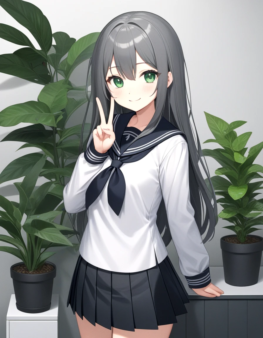 masterpiece, best quality, very aesthetic, absurdres,
 BREAK
1girl, wide shot, plant, potted plant, grey theme, black serafuku, green eyes, skirt, school uniform, long sleeves, serafuku, grey background, white sailor collar, pleated skirt, long hair, smile, looking at viewer, bored, standing, black skirt, indoors, sailor collar, :>, peace sign