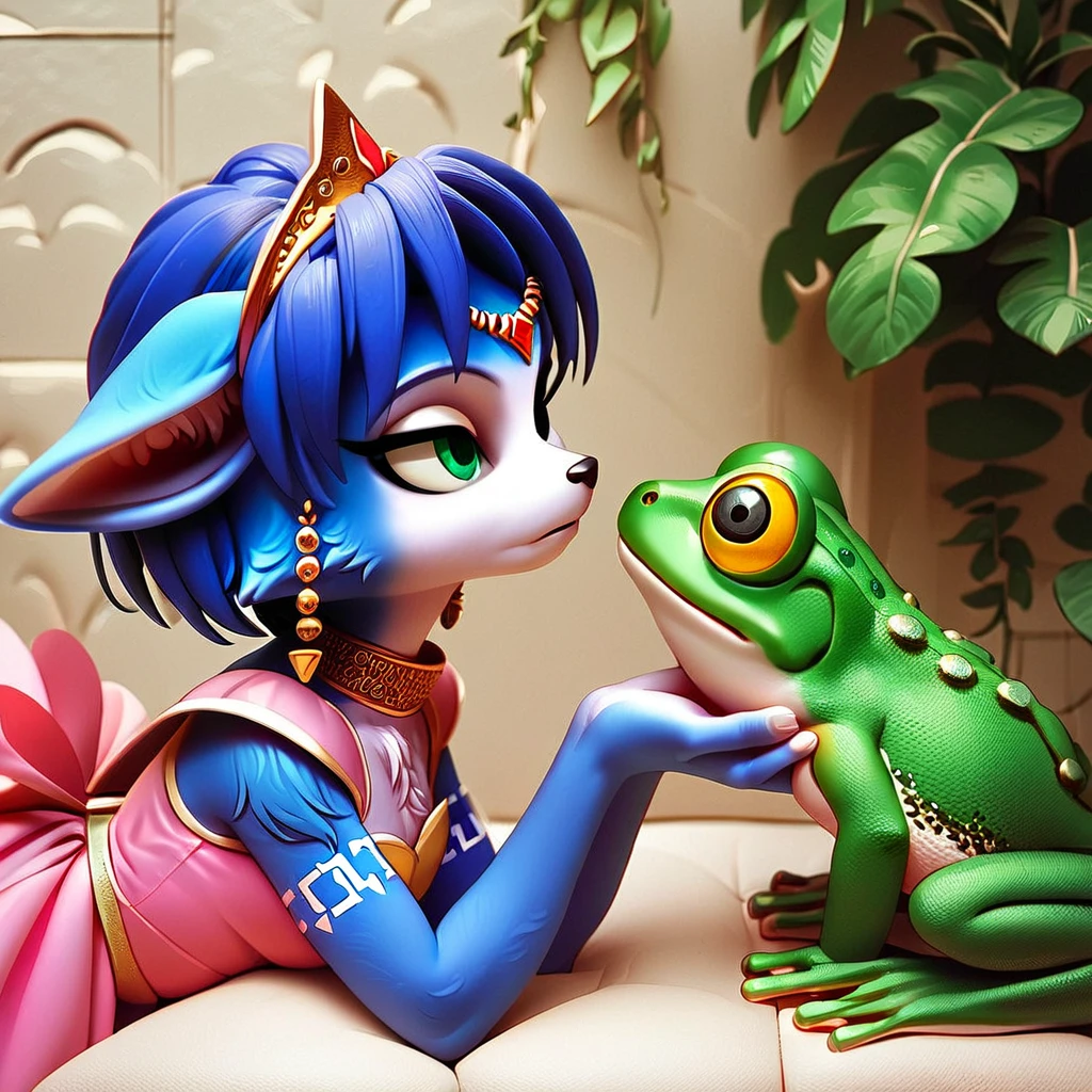 score_9_up, score_8_up, score_7_up, score_6_up, score_5_up, frog, imminent kiss, Krystal \(star fox\), holding animal, hesitant, princess dress, ears back, floppy ears, folded ears, 2d, source_furry, source_anime