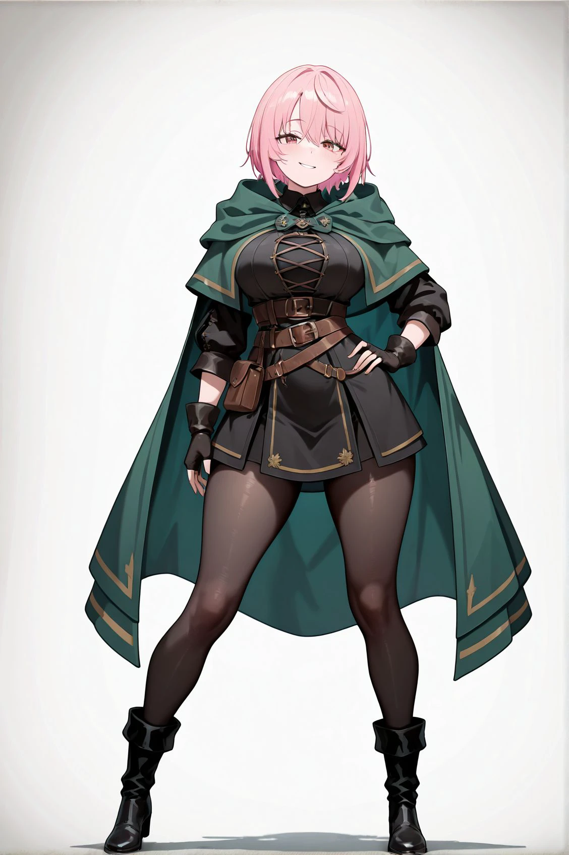 masterpiece,best quality,amazing quality,very aesthetic,absurdres,newest, huge filesize,
<lora:spo_sdxl_10ep_4k-data_lora_webui:0.5>,
1girl,
pink hair,
short hair,green cloak,
fingerless gloves, 
bow at the neck,
black outfit,leather belt,
pouches,short black boots,
standing pose,confident expression,
medieval-inspired design, black pantyhose, 
fantasy attire,
<lora:Let_This_Grieving_Soul_Retire_Sitri_SMART_IL:1>