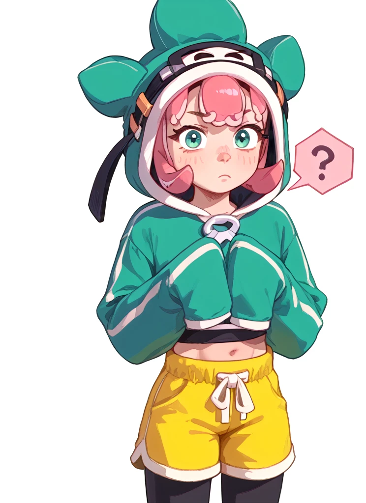 Score_9, Score_8_up, Score_7_up , perfect face ,<lora:tcbonnie:1>  tcbonnie    , 1girl, pink hair, hood , green hoodie, yellow shorts ,black leggings  , confused, looking at viewer,   <lora:PossumMachine:0.9>posmach