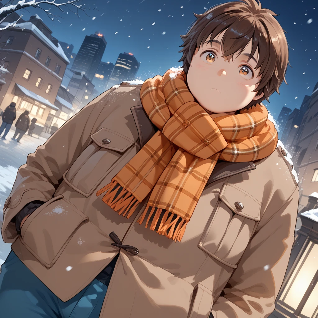 score_9, score_8_up, score_7_up, score_6_up, <lora:yuzuki_epoch_7:0.8> ihdyuzuki, 1boy, plump, solo, winter clothes, orange plaid scarf, brown coat, blue pants, looking up, snowing, dutch angle, night, city light,<lora:Expressive_H:0.7> Expressiveh <lora:add-detail-xl:1>