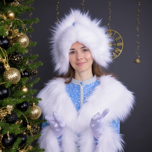 a young woman in a snow maiden costume stands near a Christmas tree