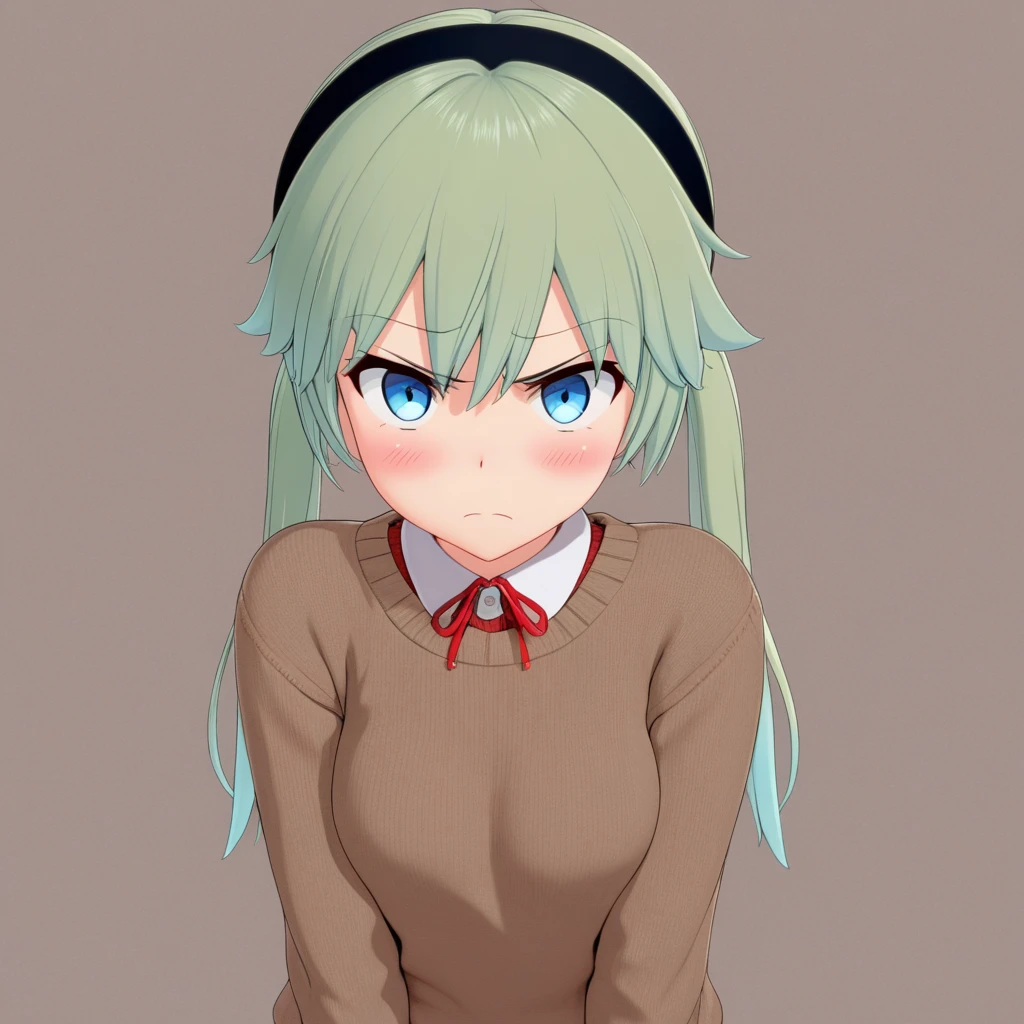 angry, arms down, black headband, blush, brown sweater, from front, io, looking at viewer, medium shot, red collar, render, simple background, twintails, white shirt, blue eyes