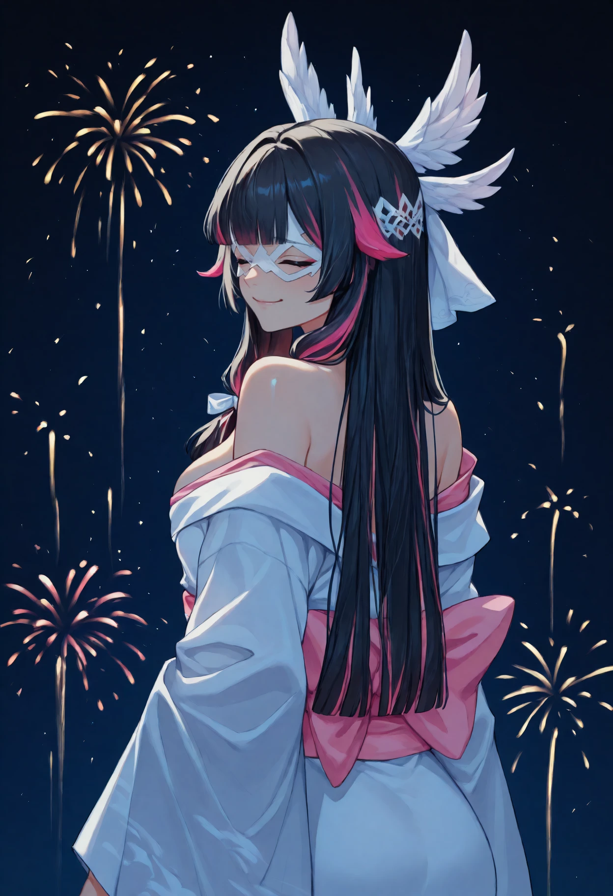 anime, masterpiece, best quality, <break> from behind, solo, 1girl, c0lumbina, smile, looking back, long hair, streaked hair, black hair, pink hair, blunt bangs, hair ribbon, white ribbon, head wings, closed eyes, white mask, eye mask, japanese clothes, white kimono, off shoulder, pink sash, obi, bare shoulders, fireworks
<segment:yolo-Anzhc Face seg 640 v2 y8n.pt,0.4,0.5//cid=1>