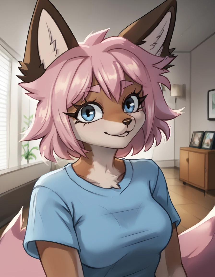 indoors,living room,
Hazel,1girl,solo,fox girl,animal ears,pink hair,furry female,short hair,tail,blue eyes,nimal nose,body fur,pink fur,bangs,two-tone fur,fox ears,fox tail,sidelocks,
headshot,seductive smile,long eyelashes,
pink t-shirt,
<lora:Hazel_v01_PDXL:1>,
<lora:add-detail-xl:1>,