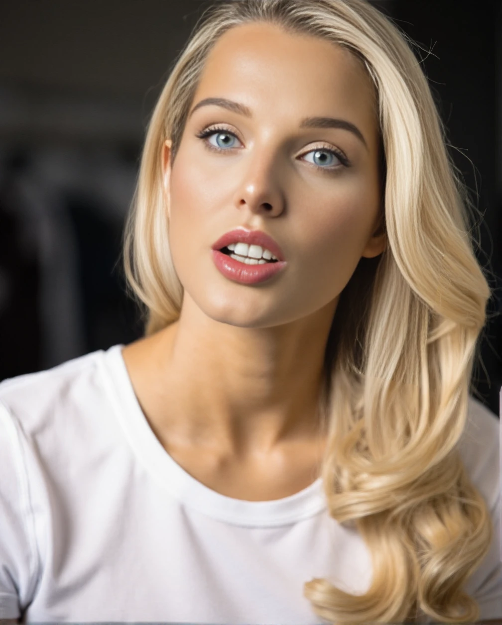 A professional close-up portrait photograph of a young woman Helen_Flanagan, wearing a white tshirt, stock photograph, blonde hair, detailed skin, bokeh, female focus, SFW <lora:Helen_Flanagan:1>