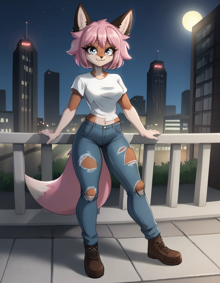 outdoors,city,cityscape,night,
Hazel,1girl,solo,fox girl,animal ears,pink hair,furry female,short hair,tail,blue eyes,nimal nose,body fur,pink fur,bangs,two-tone fur,fox ears,fox tail,sidelocks,
full body,seductive smile,long eyelashes,
ripped jeans,pink t-shirt,leather jacket,
<lora:Hazel_v01_PDXL:1>,
<lora:add-detail-xl:1>,