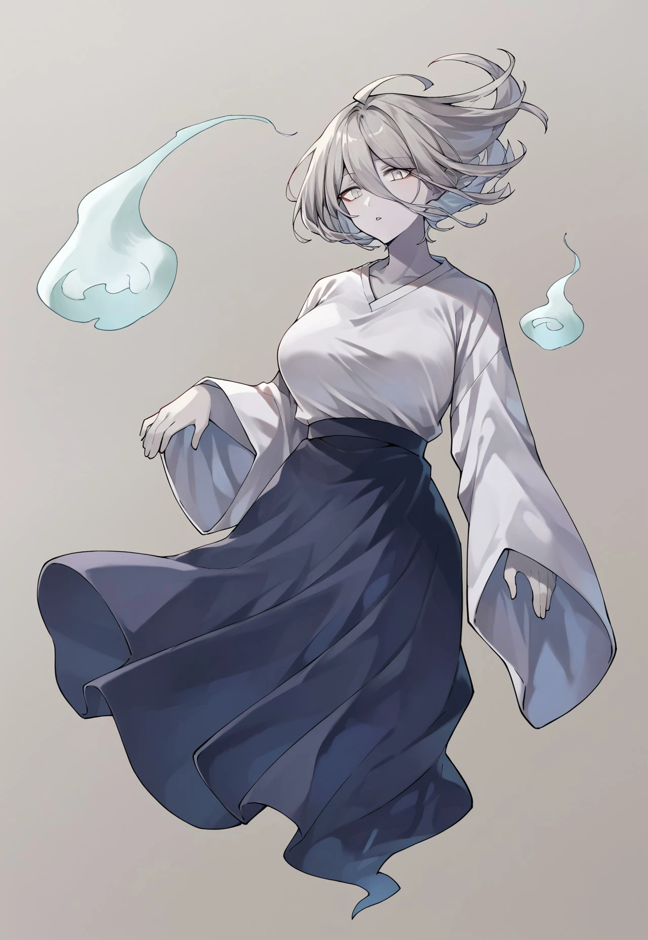 safe_pos, score_9, score_8, score_7, source_anime, ghost girl, ghost pose, shirt, large breasts, floating, sleeves past fingers, grey skin, skirt, parted lips, wide sleeves, grey hair