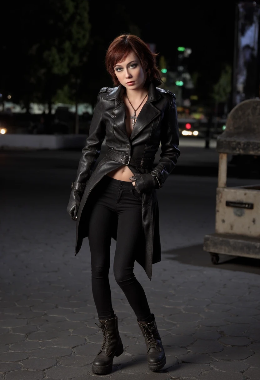 {    "T5": "A photo of Zoe Voss, a skilled operator and ally to the human resistance, standing confidently in a dimly lit, dystopian cityscape at dusk. She wears a black leather trench coat, tight-fitting black pants, and heavy combat boots, with a silver crucifix pendant around her neck. Her short, spiky hair is a dark brown color, and her piercing green eyes seem to gaze directly into the soul. Her facial expression is determined and serious, with a hint of defiance. The camera captures her from a low angle, emphasizing her strength and authority. The image is gritty and high-contrast, with deep shadows and highlights that evoke a sense of foreboding. The camera used is a high-resolution digital SLR, with a wide-angle lens and a shallow depth of field to blur the background and draw attention to Zoe's imposing figure.",    "CLIP": "Zoe Voss, Matrix, resistance, operator, female, black leather, combat boots, silver crucifix, short spiky hair, dark brown, piercing green eyes, determined, serious, defiant, low angle, gritty, high-contrast, dimly lit, dystopian cityscape, dusk, high-resolution digital SLR, wide-angle lens, shallow depth of field" }