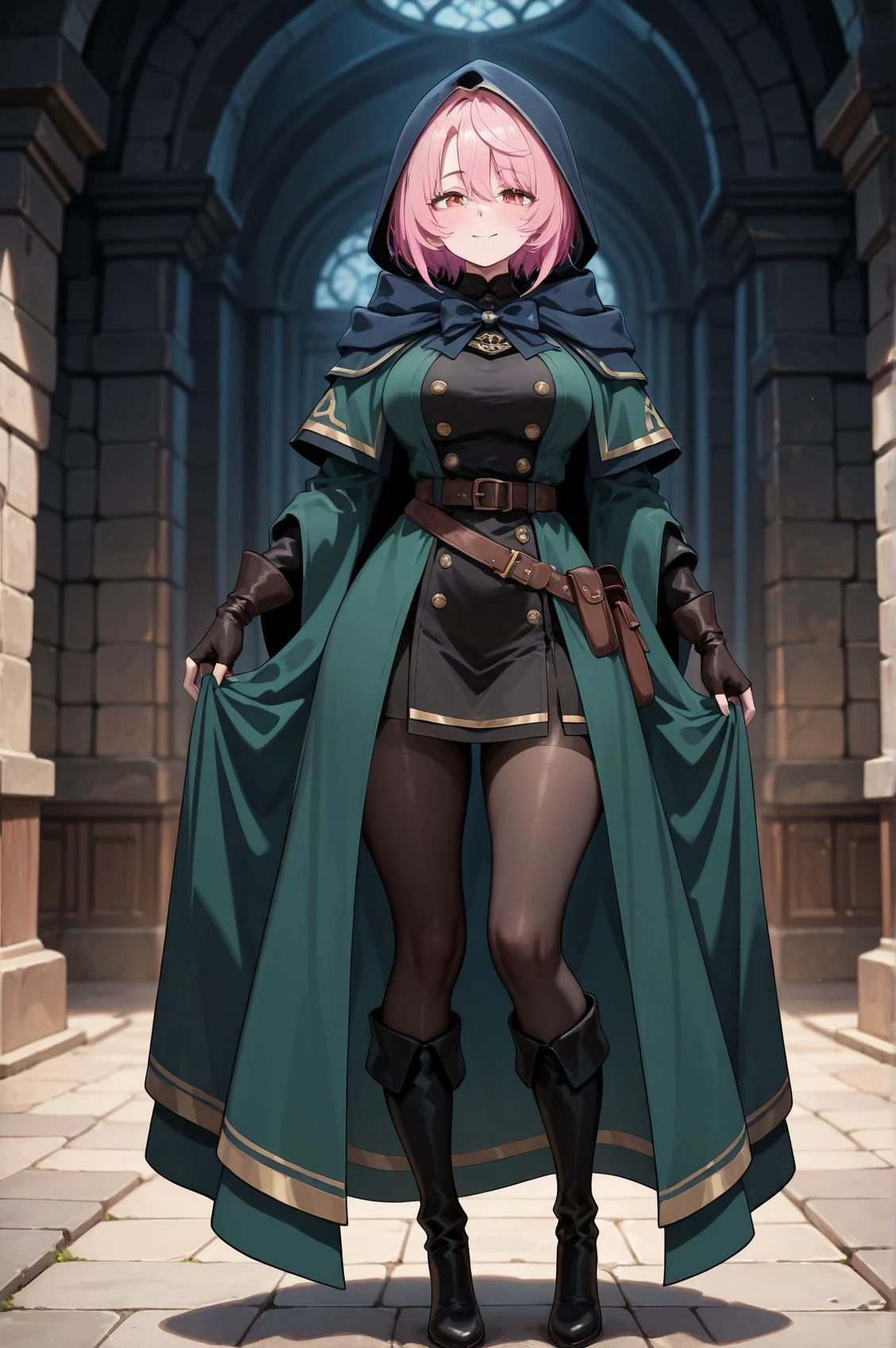 masterpiece,best quality,amazing quality,very aesthetic,absurdres,newest, huge filesize,
<lora:spo_sdxl_10ep_4k-data_lora_webui:0.5>,
1girl,
pink hair,Cloak without hood,
short hair,green cloak,
dark blue hood,
gold trim,bow at the neck,
black outfit,leather belt,
pouches,thigh-high boots,black boots,
standing pose,confident expression,
medieval-inspired design, black pantyhose, 
fantasy attire,
<lora:Let_This_Grieving_Soul_Retire_Sitri_SMART_IL:1>