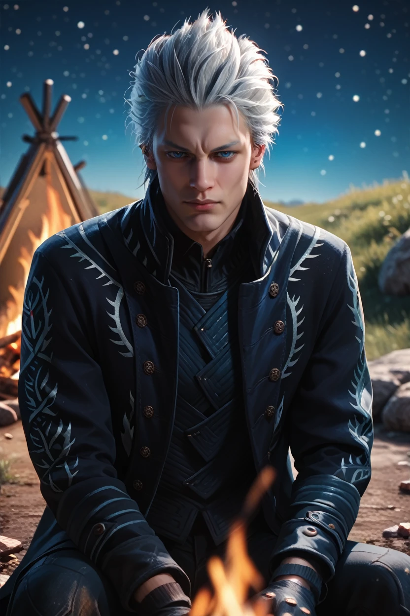 score_9, score_8_up, score_7_up, score_6_up
<lora:DMC5Vergil:0.8>
DMC5Vergil, 1boy, white hair, blue eyes, short hair, looking at viewer, sitting by a campfire under the stars, wearing a rugged jacket, the glow of the fire on his face, serene and introspective mood, surrounded by nature