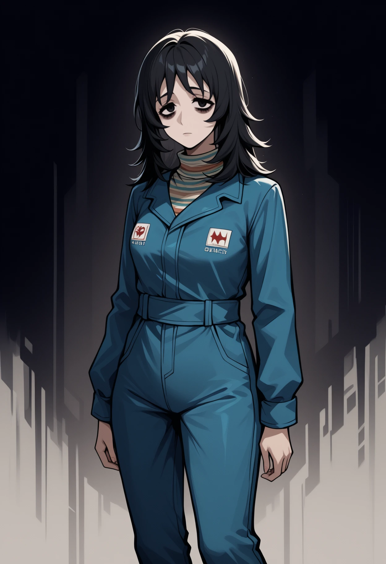 masterpiece, best quality, <break> solo, 1girl, mthwshanya, expressionless, looking at viewer, standing, arms at sides, medium hair, black hair, black eyes, bags under eyes, blue jumpsuit, long sleeves, striped shirt, dark background, abstract background
<segment:yolo-Anzhc Face seg 640 v2 y8n.pt,0.4,0.5//cid=1>