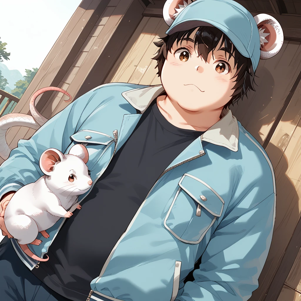 score_9, score_8_up, score_7_up, <lora:yuzuki_epoch_7:0.8> ihdyuzuki, 1boy, plump, white mouse boy, light-blue clothes, cap, open jacket, black t-shirt, zoo, multiple_snake, looking at viewer, :>, dutch angle,