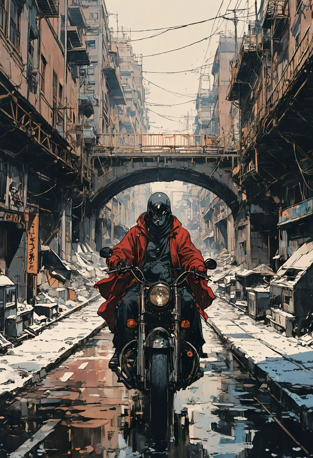 grainy, noise,
daemon ,  chase under the old bridge, intricate, complexe urban background, full of details, epic, action, cinematic, motion trails,
by  Jason A. Engle Gerald Brom, Victo Ngai Katsuya Terada, <lora:_CHY_Moutarde_01:-2>