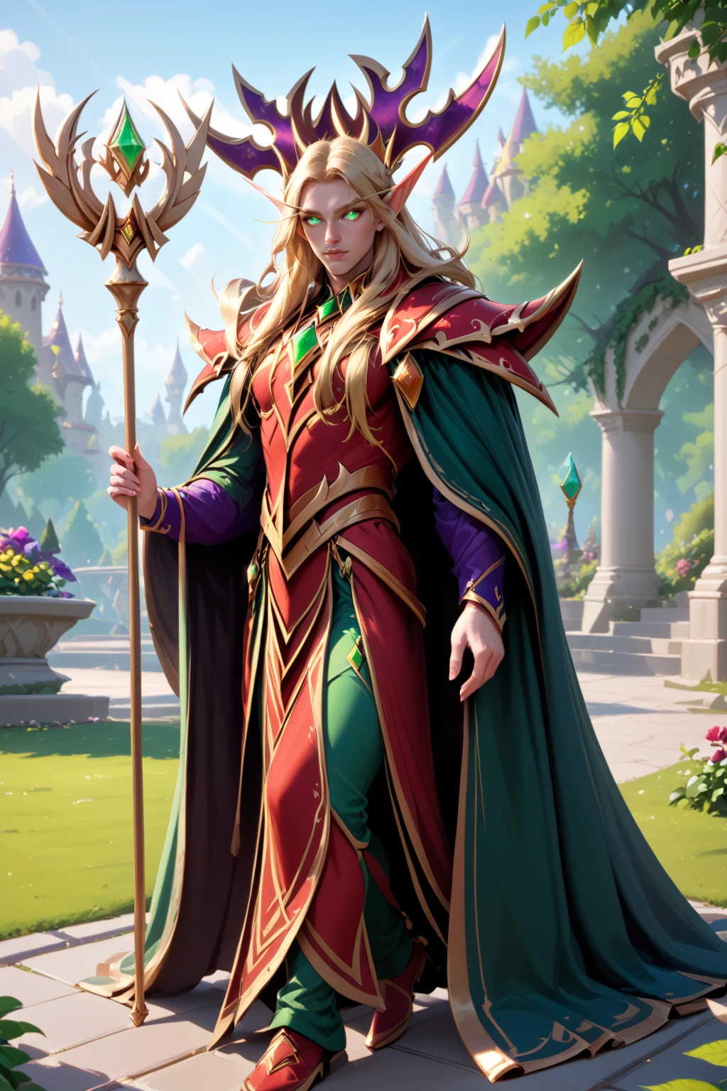 score_9, score_8_up, score_7_up, masterpiece, high quality, BREAK
 <lora:kaelthas sunstriderPonyLoRA:0.9>kelta, elf, long hair, blonde hair, blonde eyebrows, green eyes, pointy ears, pauldrons, cape, gems, crown, walking in a park, holding staff