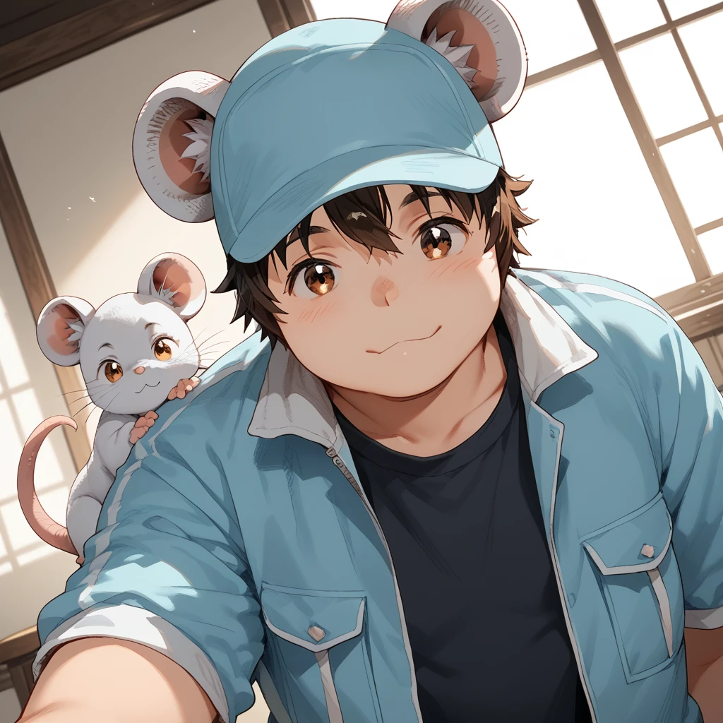 score_9, score_8_up, score_7_up, <lora:yuzuki_epoch_7:0.8> ihdyuzuki, 1boy, plump, white mouse boy, light-blue clothes, cap, open jacket, black t-shirt, mouse tail, zoo, multiple_animal, looking at viewer, :>, dutch angle,  <lora:Expressive_H:0.7> Expressiveh <lora:add-detail-xl:2>