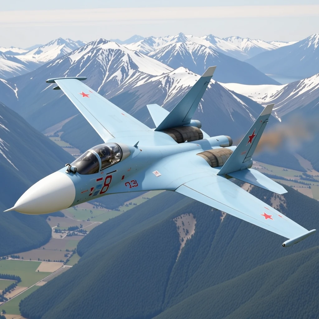 <lora:SU27_Flanker_epoch_10:1> SU27Fl@nker, A photograph of an SU-27 Flanker in flight over a mountain range. 