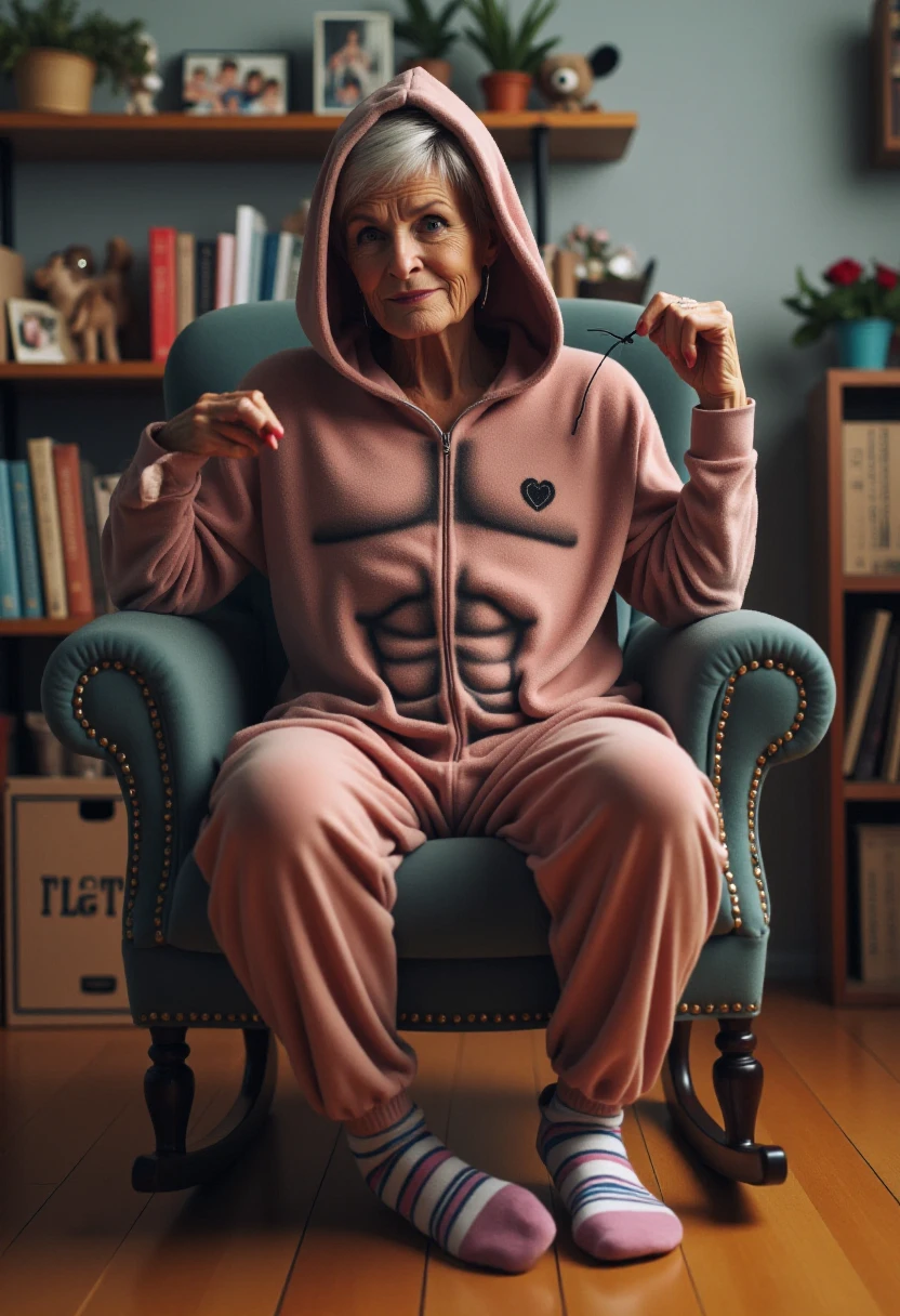 <lora:Fuzzy_Onesie_Fitter_FLUX-000021:0.8> 
Photograph featuring an elderly woman wearing a onesie with a hood designed to resemble a muscular bodybuilder man with abs, sitting on a rocking chair. She is knitting.