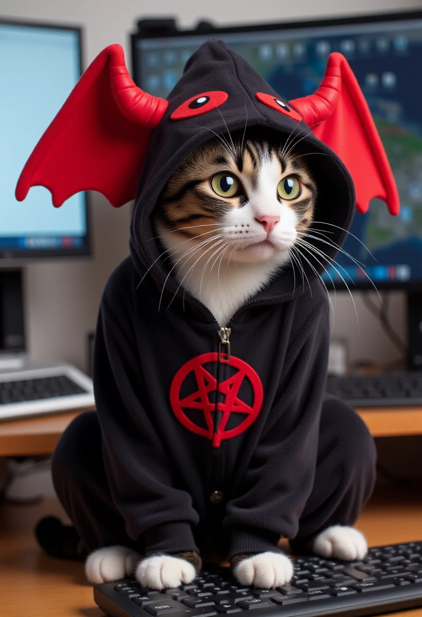 <lora:Fuzzy_Onesie_Fitter_FLUX-000021:0.8>
Photograph featuring a cat wearing a onesie with a hood designed to resemble a satanic demon, sitting on a computer keyboard.