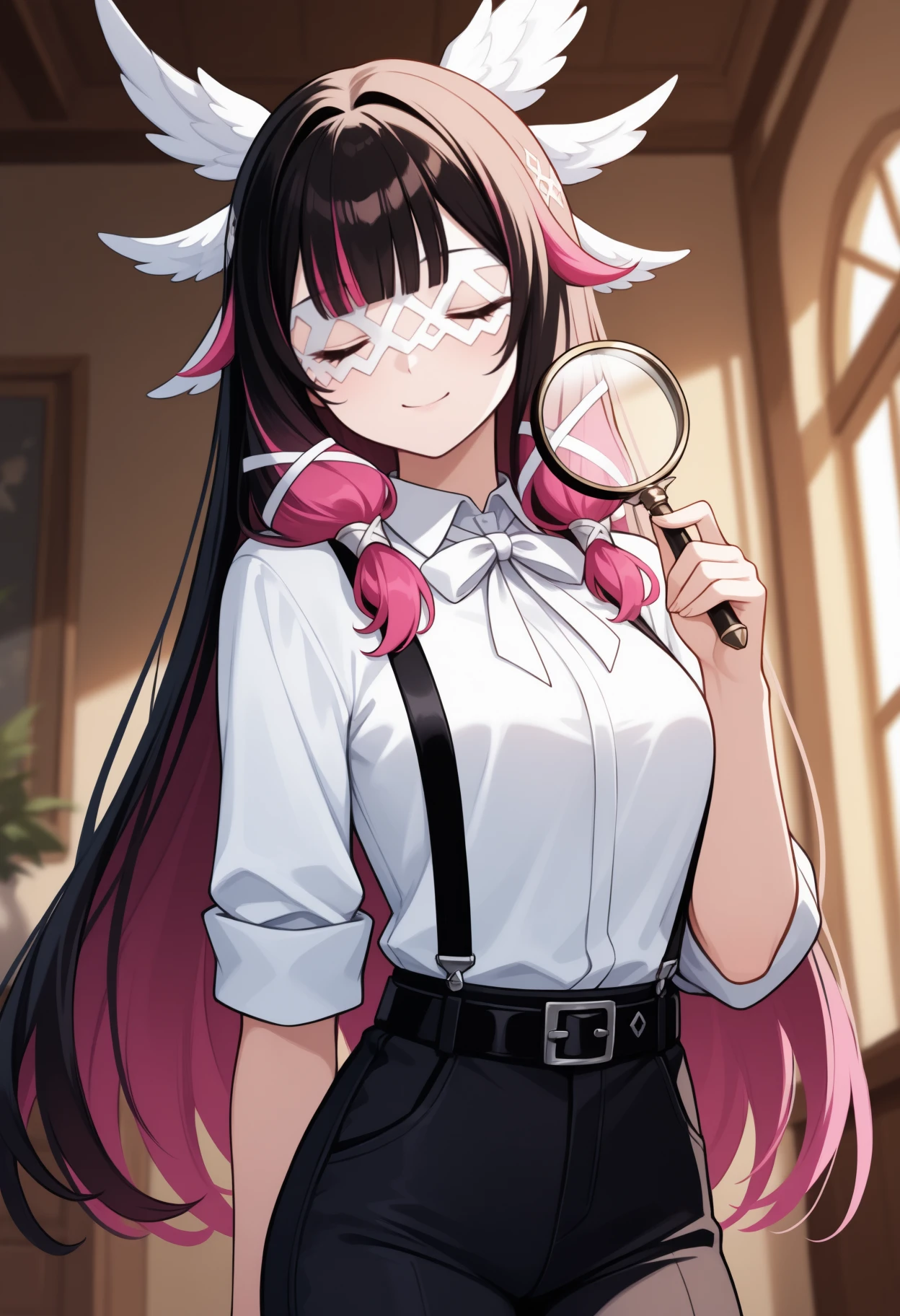 masterpiece, best quality, <break> solo, 1girl, c0lumbina, smile, looking at viewer, standing, holding magnifying glass, long hair, streaked hair, black hair, pink hair, blunt bangs, hair ribbon, white ribbon, head wings, closed eyes, white mask, eye mask, white shirt, collared shirt, shirt tucked in, sleeves rolled up, suspenders, black pants, black belt, indoors
<segment:yolo-Anzhc Face seg 640 v2 y8n.pt,0.4,0.5//cid=1>