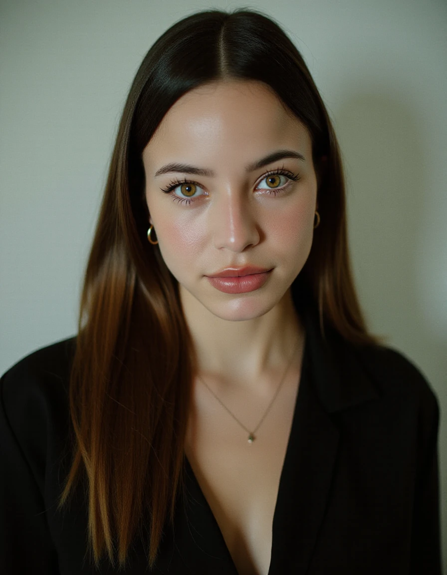 emilia mernes 1girl, solo, long hair, breasts, looking at viewer, smile, brown hair, shirt, cleavage, brown eyes, jewelry, closed mouth, upper body, earrings, lips, black shirt, traditional media, forehead, realistic <lora:emiliaflu_06:1.3>, RAW candid cinema, 16mm, color graded portra 400 film, remarkable color, ultra realistic, textured skin, remarkable detailed pupils, realistic dull skin noise, visible skin detail, skin fuzz, dry skin, shot with cinematic camera