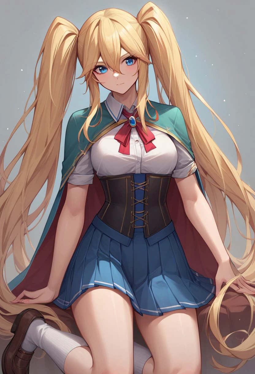 score_9,score_8_up,score_7_up, angelina_(kichiku_eiyuu), breasts, blonde hair, blue eyes, 1girl, solo, twintails, hair between eyes, very long hair, angebs001, shirt, pleated skirt, socks, cape, corset,