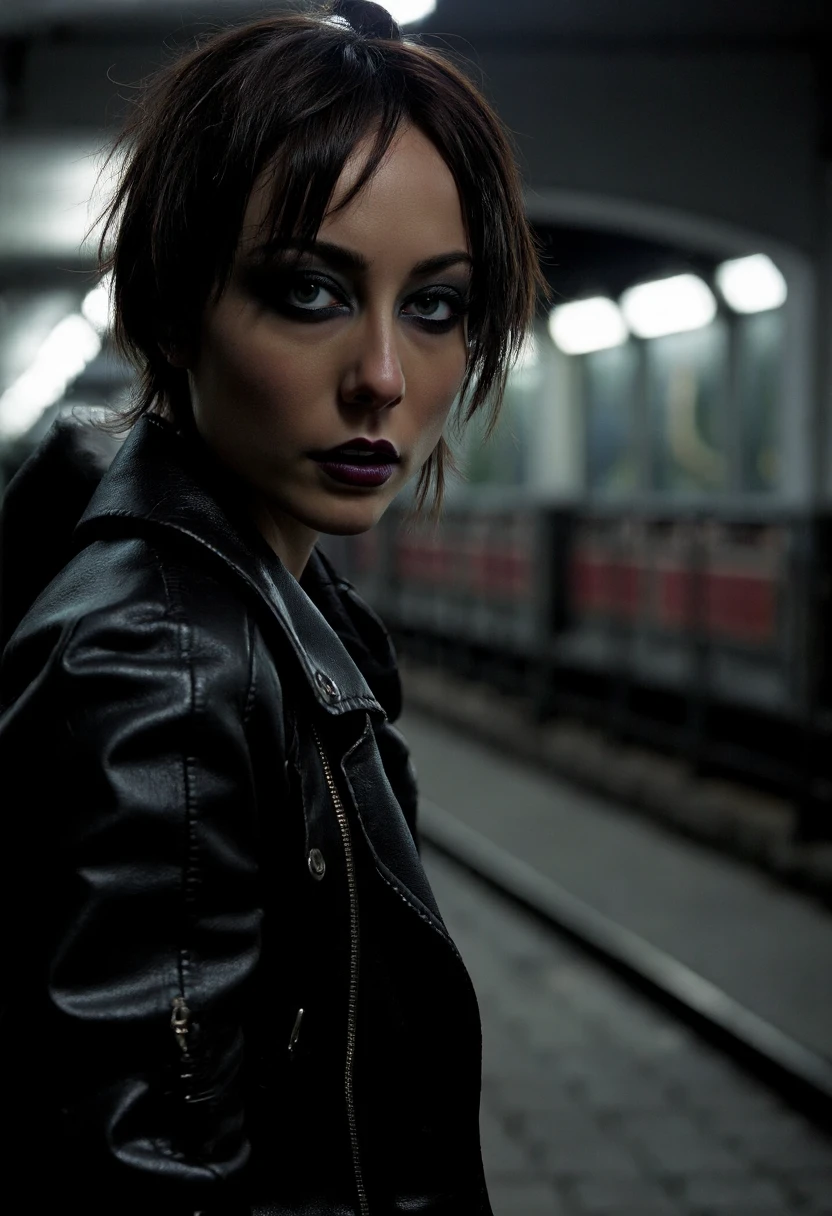 {    "T5": "A gritty, high-contrast photograph of Zoe Voss, shot in a dimly lit, urban environment with a medium-format camera. Her short hair is messy and unkempt, with strands falling across her face. She wears dark, bold lipstick that contrasts sharply with her pale skin. Her eyes are lined with subtle, smudged eyeliner, giving her an edgy, punk-inspired look. The image is rendered in a gritty, documentary-style aesthetic, with a shallow depth of field that blurs the background, drawing attention to Zoe's intense gaze.",    "CLIP": "Zoe Voss, messy short hair, dark lipstick, bold eyeliner, pale skin, gritty urban background, medium-format camera, high-contrast, shallow depth of field" }