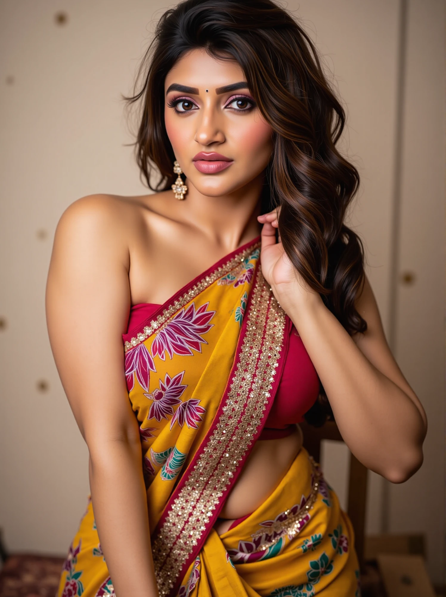 A stunning woman sreeleela poses confidently in a striking saree. Her gaze locks onto the camera with seductive intensity, as if daring onlookers to look away. The background is expertly blurred, drawing attention solely to her radiant presence. Shot in br...