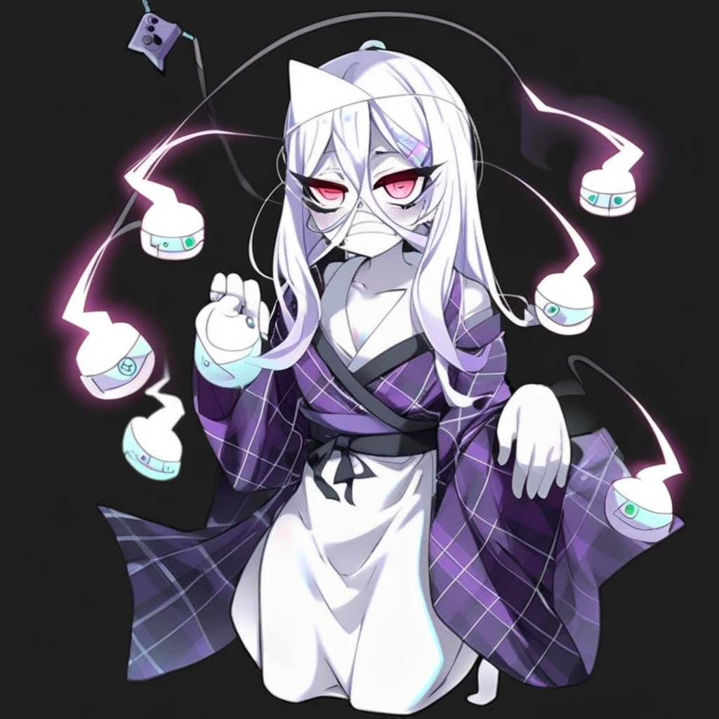 ghost girl, wide hips, pillow hug, holding basket, halloween bucket, garter straps, irrumatio, standing, glasses, tombstone, absurdly long hair, plaid, wariza, solo focus, bare shoulders, open shirt, ringed eyes, colored sclera, tearing up, purple neckerchief, pocket, impossible clothes, white dress, white collar, crt, pleated skirt, tears, jewelry, wide-eyed, covered face, red kimono, white apron, glowstick, string of flags, starry sky, gradient background, sweater, stitches, lower teeth only, game controller, purple bow, white skin