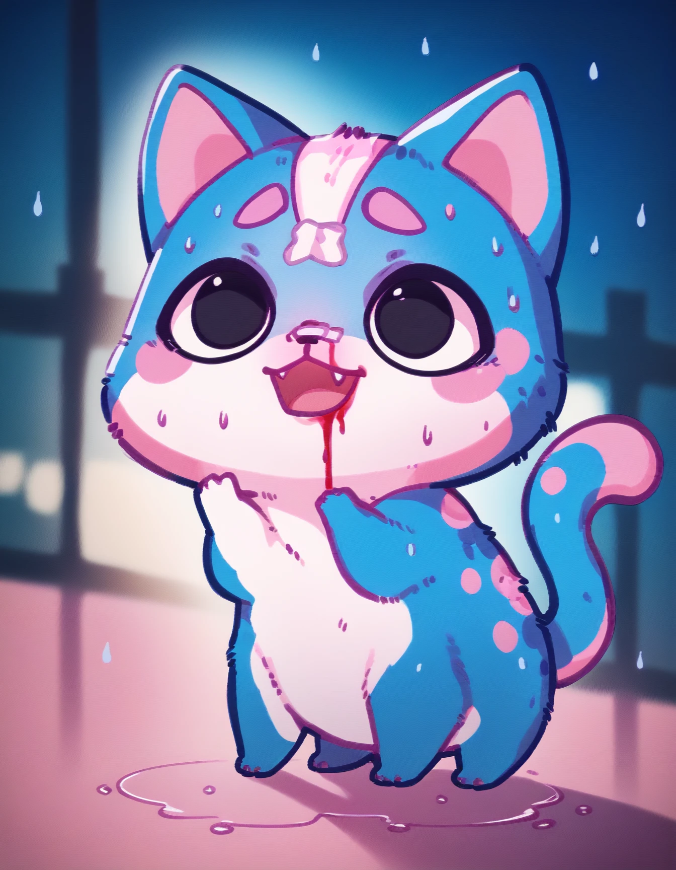 score_9, score_8_up, score_7_up, score_6_up, chibi,
Kus1cat, blue fur, two tone fur, large black eyes, purple eyebrows, pink spots, 6 arms,
bandaid on nose, blurry background, pink lighting, night, dark, pink theme, blood on face, rain, pain
 <lora:YouLookLonelyXL_byKonan:1>
 <lora:Kus1cat_XL:1>