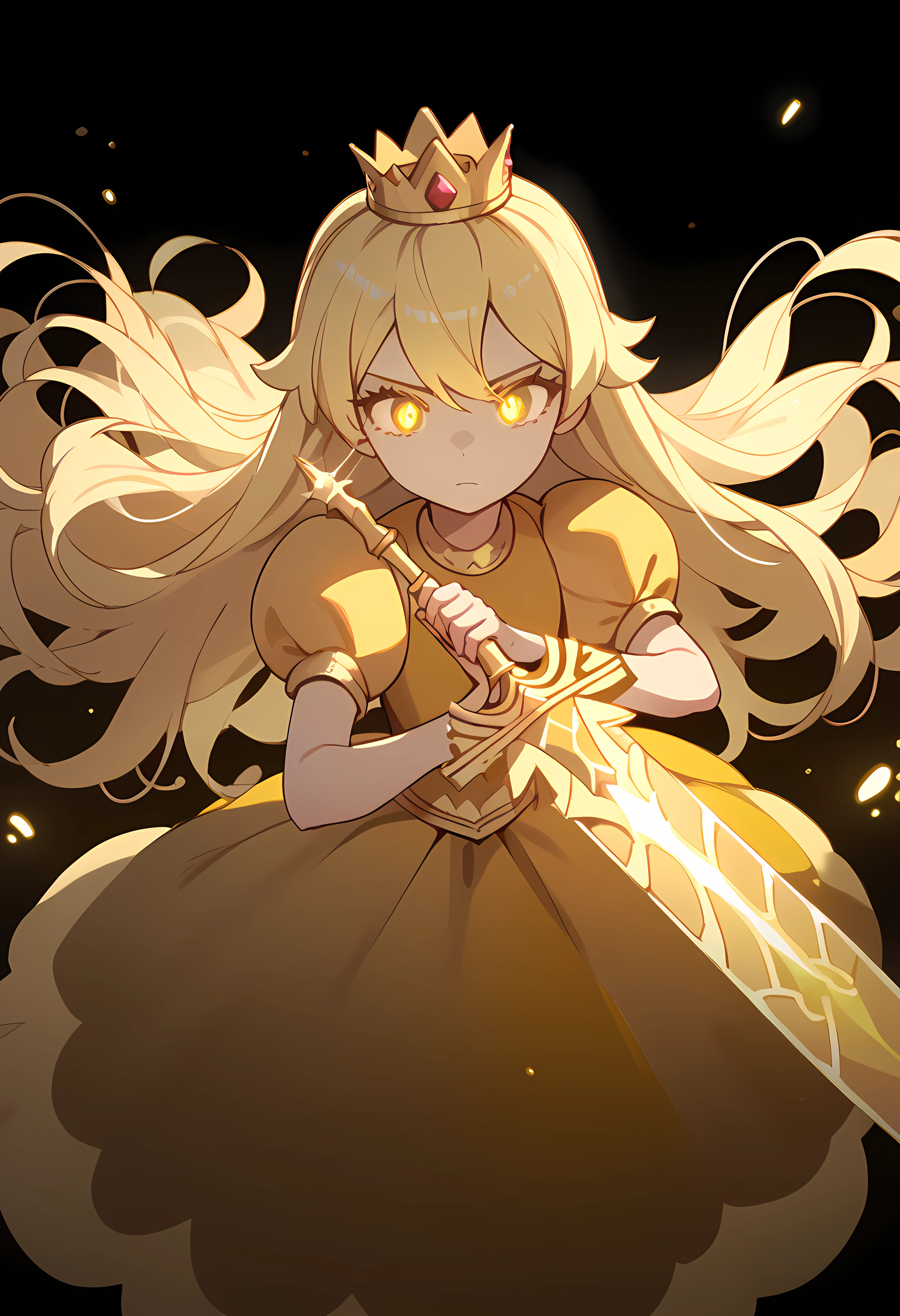 score_9, score_8_up, score_7_up,< <lora:Princess Quest_pony:1> 1girl,princess crown ,yellow, dress, 1girl, long hair, solo, glowing,a crown, Princess,glowing dote eyes,holding a golden sword,detailed background,