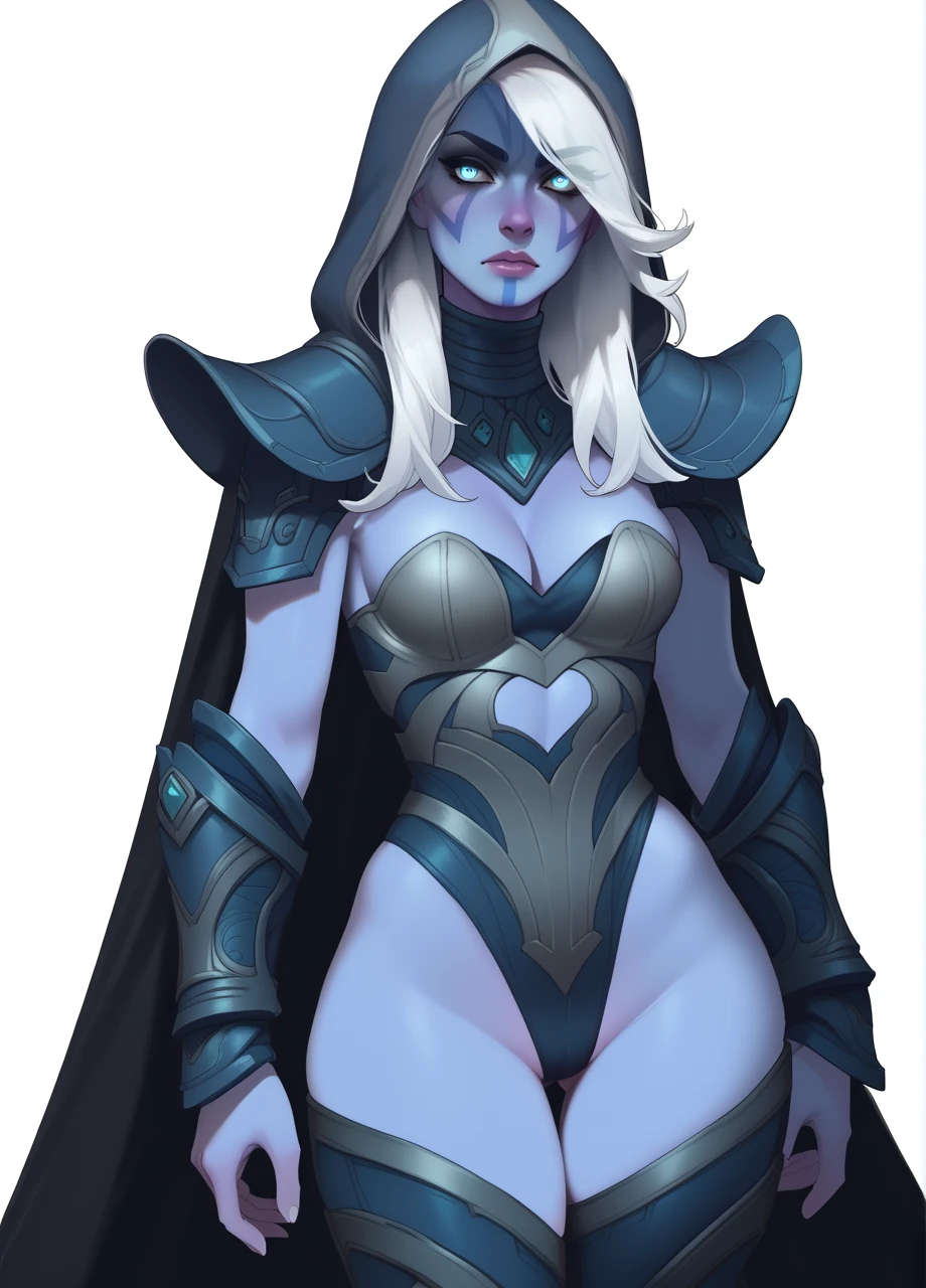 1girl, solo, cowboy shot, white background, defdrow, colored skin, white hair, bangs, blue eyes, hood up, hooded cape, facial mark, shoulder armor, leotard, vambraces, cleavage, thigh boots <lora:DotA_DrowRanger-PONY:1>, score_9, score_8_up, score_7_up, score_6_up,