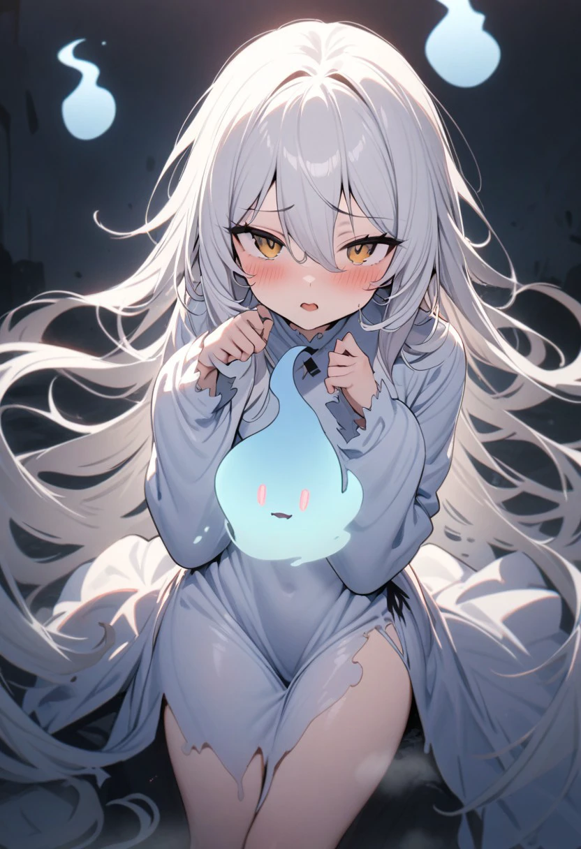 masterpiece, best quality, ghost girl, 1girl, solo, looking at viewer, blush, dress, open mouth, hitodama, very long hair, long sleeves, white hair