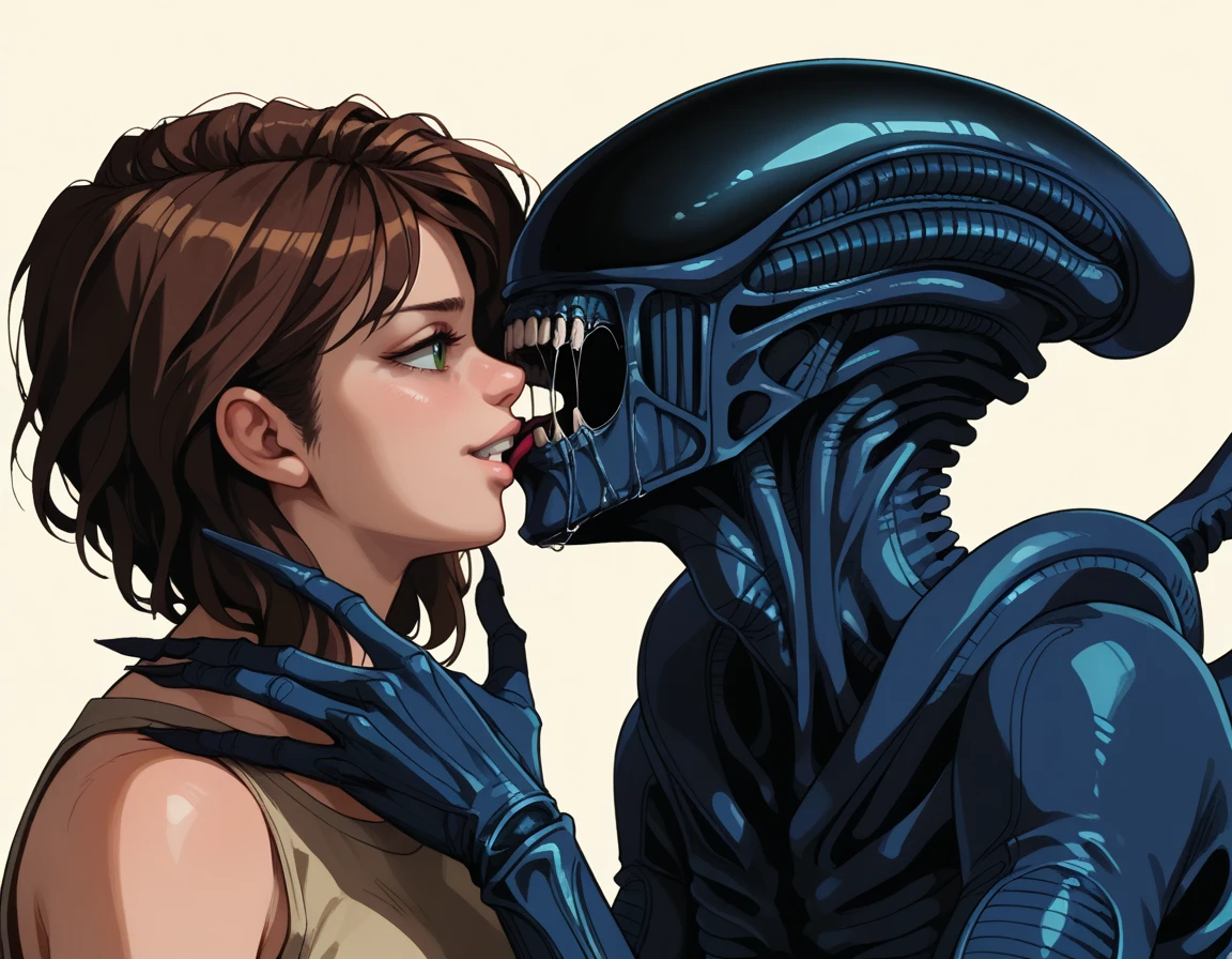 score_9, score_8_up, score_7_up, score_6_up, score_5_up, horror \(theme\), ot0m, duo, monster xenomorph, no eyes BREAK de1, girl, kissing, green eyes, brown hair, looking at another, grin background, <lora:OtaKingMondayAshlinPDXL32v1.5tx1-000015:0.9>