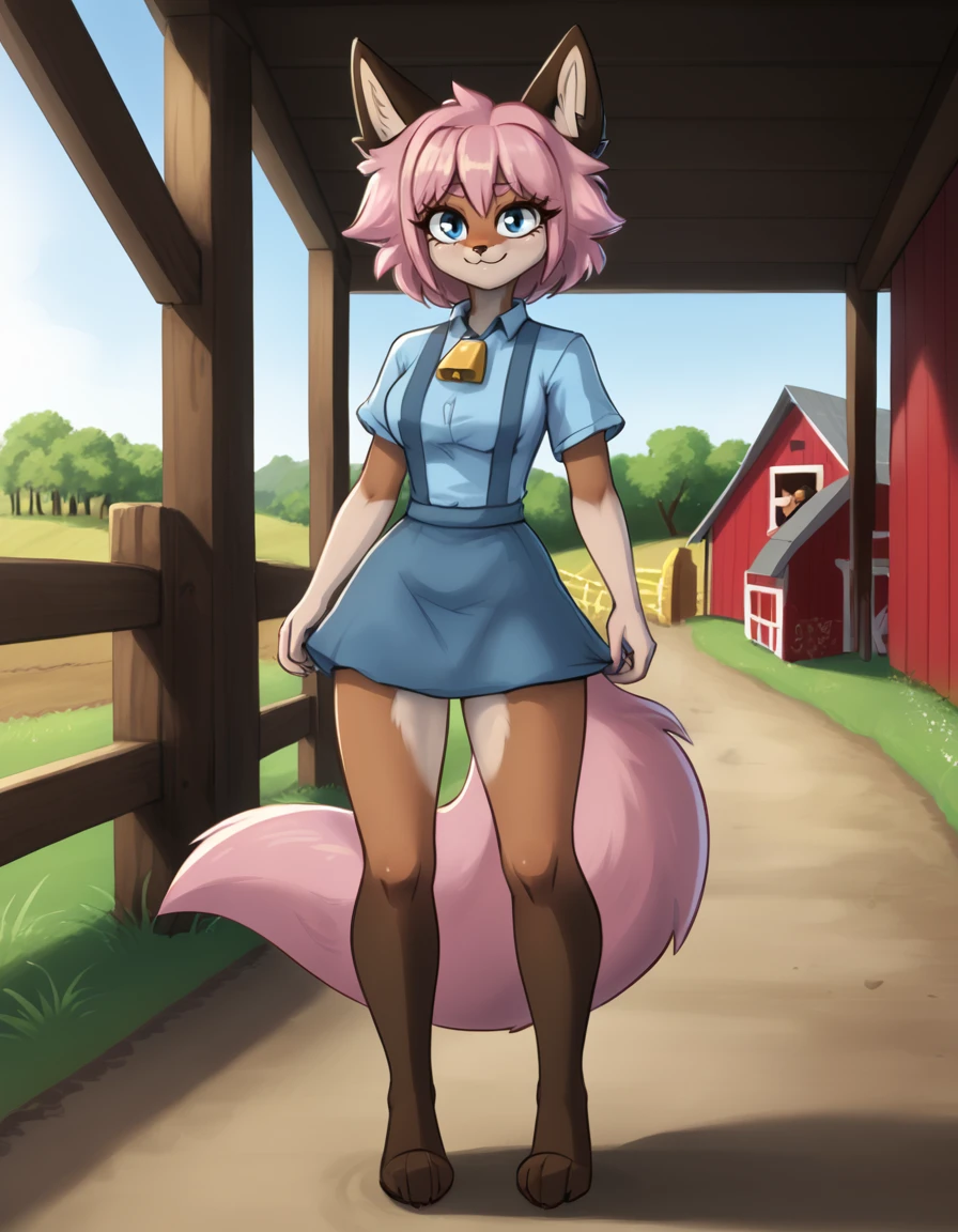 outdoors,farm, 
Hazel,1girl,solo,fox girl,animal ears,pink hair,furry female,short hair,tail,blue eyes,nimal nose,body fur,pink fur,bangs,two-tone fur,fox ears,fox tail,sidelocks,
full body,seductive smile,long eyelashes,
cow girl, 
<lora:Hazel_v01_PDXL:1>,
<lora:add-detail-xl:1>,