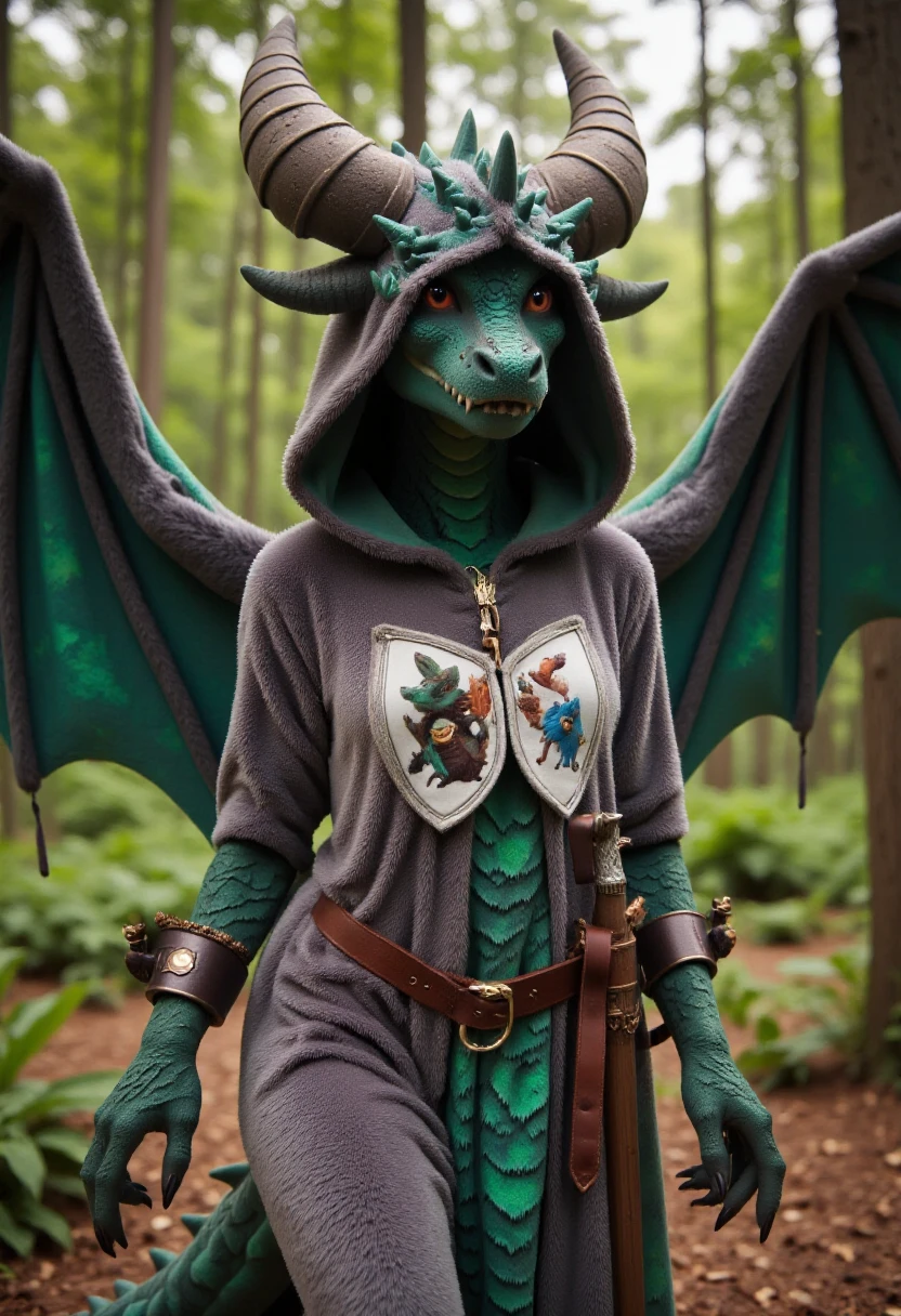 <lora:Fuzzy_Onesie_Fitter_FLUX-000021:0.9> <lora:KFT_Scaly_Enhancer_Flux_1.D_r1:0.6>
Photograph featuring a  majestic, humanoid dragoness wearing a plush grey onesie with a hood designed to resemble a medieval knight's armor, standing in a forest. The dragoness is covered in shimmering, iridescent green scales.  She has a slender neck, a long, powerful tail, and a head adorned with intricate, curved horns and a sharp, expressive face.