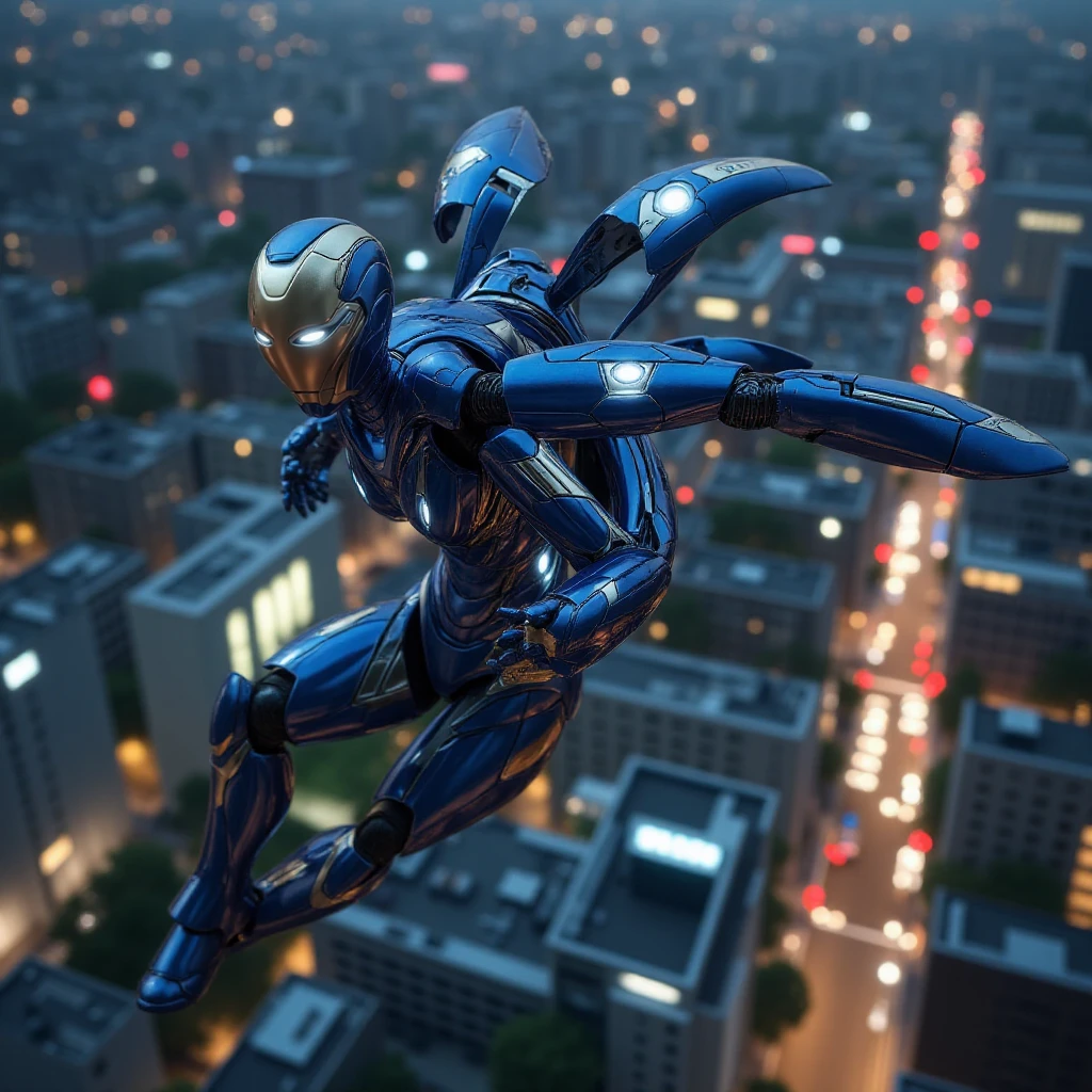 <lora:Pepper Pott Rescue Armor:0.9> a robot blue and gold pepper potts rescue armor is flying in the air over a city, night,night city lights background.