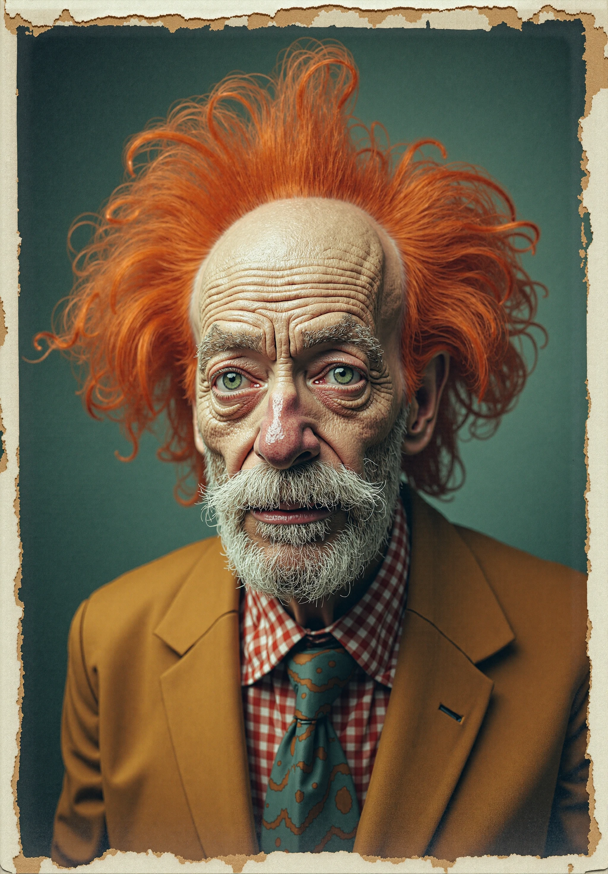 (Faded Polaroid photo: 1.1), large view, (portrait detailed of an funny eccentric old man: 1.1), eccentric red hair, (surrealist background: 1.1 ), (analog, old faded photo, old polaroid: 1.05)