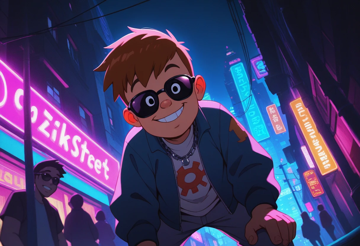 <lora:PP-Twins-Illustrious:1>,pptwins,(Male:1.6),brown hair, male focus, black eyes, buck teeth,
BREAK,
dark environoment, dark, neon lighting, glowing, hiphop theme, male child focus, leaning forward, looking down at viewer, expressive face, grin, sunglasses, hiphop clothes, jacket, asymmetrical print on clothes, chain necklace, pants, 1male child, blurry outdoors city street, cityscape, scenery, from below, dutch angle,, intricately detailed illustration, masterpiece,best quality,amazing quality,very aesthetic,absurdres,newest