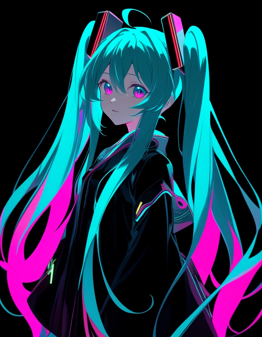 masterpiece, best quality, very aesthetic, absurdres, Hatsune Miku,limited palette,black background,colorful,vibrant,glowing outline,neon,blacklight,looking at viewer, masterpiece, very aesthetic