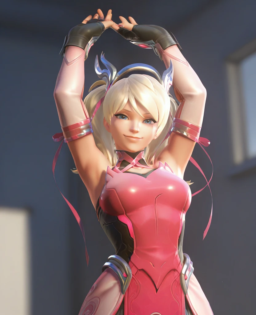 masterpiece, best quality, amazing quality, absurdres, highres, colorful, 3d, realistic,  <lora:Pink_Mercy_Illustrious_Ult:1>, pkmercy, 1girl, breasts, blue eyes, short hair, blonde hair, fingerless gloves, elbow gloves, hair ribbon, bare shoulders, twintails, mechanical halo,  pink dress, pelvic curtain, looking at viewer, smile, arms up, stretching, from below