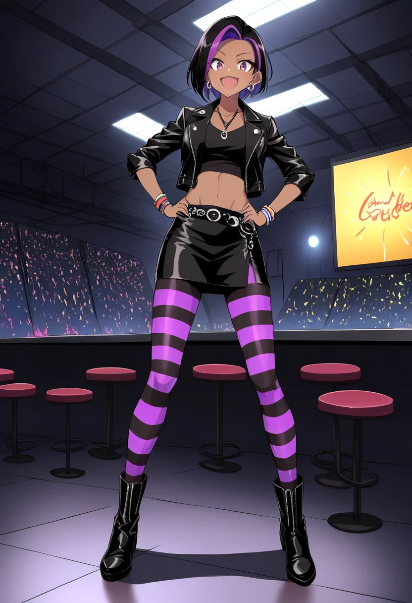 by kyuono aki,by aozora kyuuji,masterpiece,best quality,1girl, <lora:Mercedescortezillustrious:0.9>,mercedesvc,black hair,dark-skinned female,multicolored hair,streaked hair,purple hair,short hair,earrings,bracelets,necklace,leather jacket,crop top,skirt,striped pantyhose,boots,full body,facing viewer,hands on hips,happy,:d,indoors,nightclub