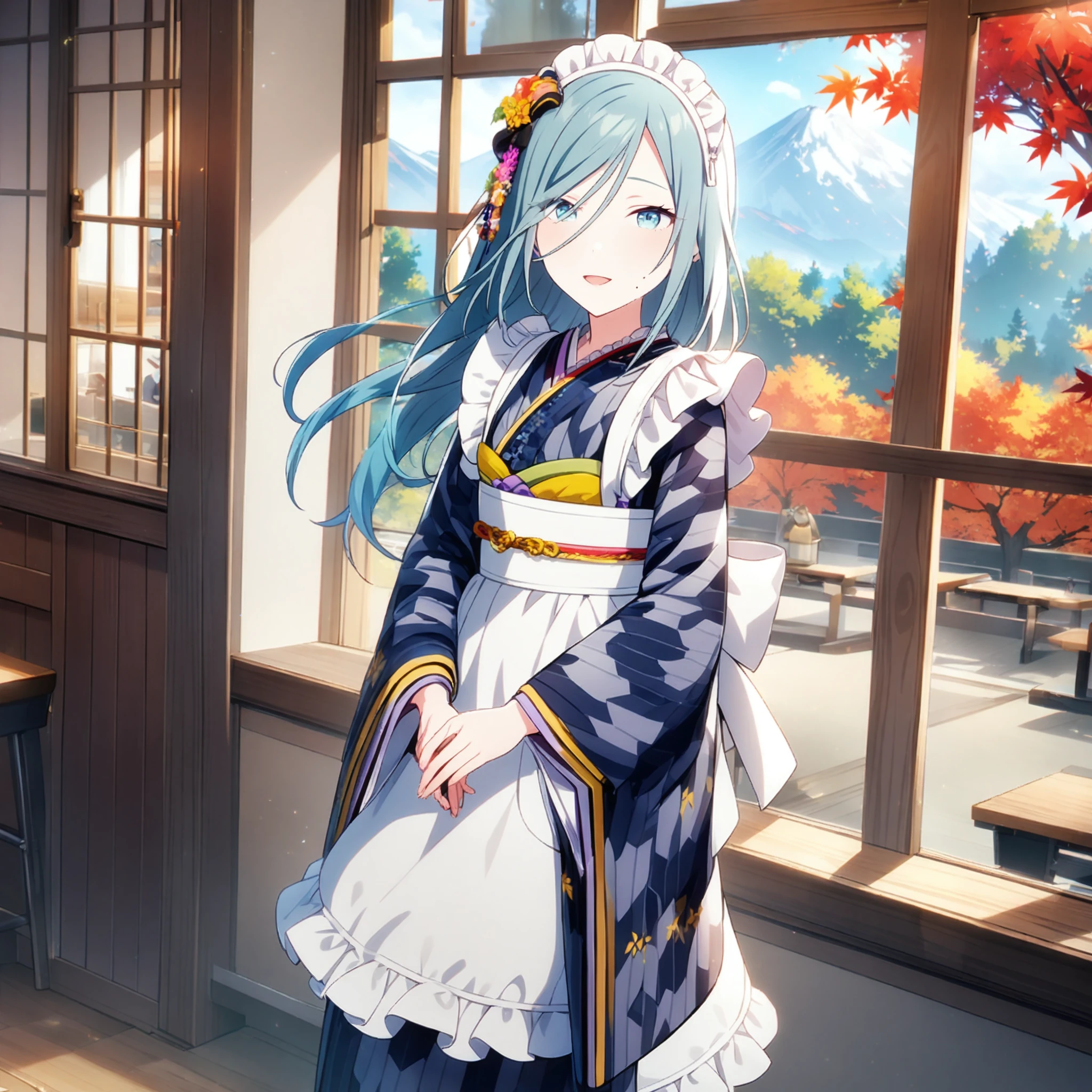 1girl, hinomori shizuku, project sekai, masterpiece, very aesthetic, absurdres, official art,
fallen leaves, long hair, aqua hair, aqua small eyes, mole under mouth,
(looking at viewer:1.2), (view straight on:1.4), :D, own hands together, cowboy shot, BREAK
japanese clothes, maid headdress, apron, wa maid, (kimono:1.4), maid apron, wide sleeves, hair ornament, frilled apron, white apron, maid, long sleeves, bow, hair bow, alternate costume, bell, yagasuri, blue kimono, flower, 
in cafeteria, Japanese traditional style, large window, yellow and red maple trees, table, chair,
 <lora:sdxl-mmj-FallenLeaves01:0.8:lbw=0,0,0.2,0.2,0,0.4,0.4,0,0.8,0.8,0,0,0,0.8,0.8,0.6,0.8,0.0,0.0,0.0,0,0,0,0,0,0>