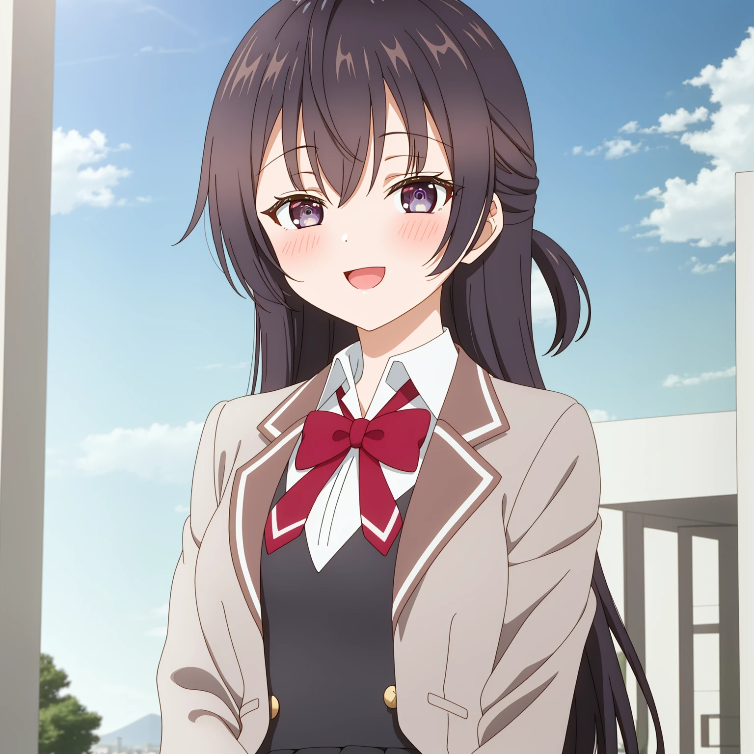 Yuki.solo,looking at viewer,school uniform,:d,blush,hand on own chest,upper body,blue sky,white cloud,outdoors,park,