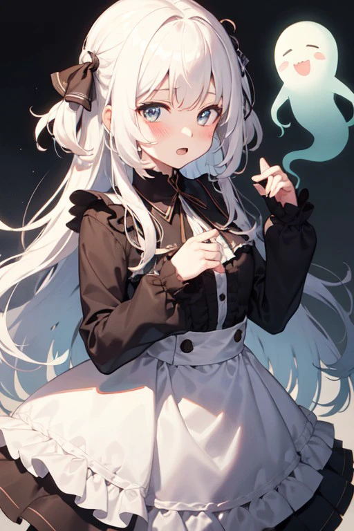 masterpiece, best quality, ghost girl, 1girl, solo, looking at viewer, blush, dress, open mouth, hitodama, very long hair, long sleeves, white hair