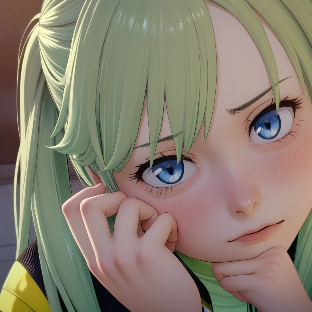 black and yellow jacket, blush, close-up, from side, hand touching cheek, io, looking at viewer, nervous, photo, sitting, tilt-shifted, twintails, blue eyes, realistic, green hair