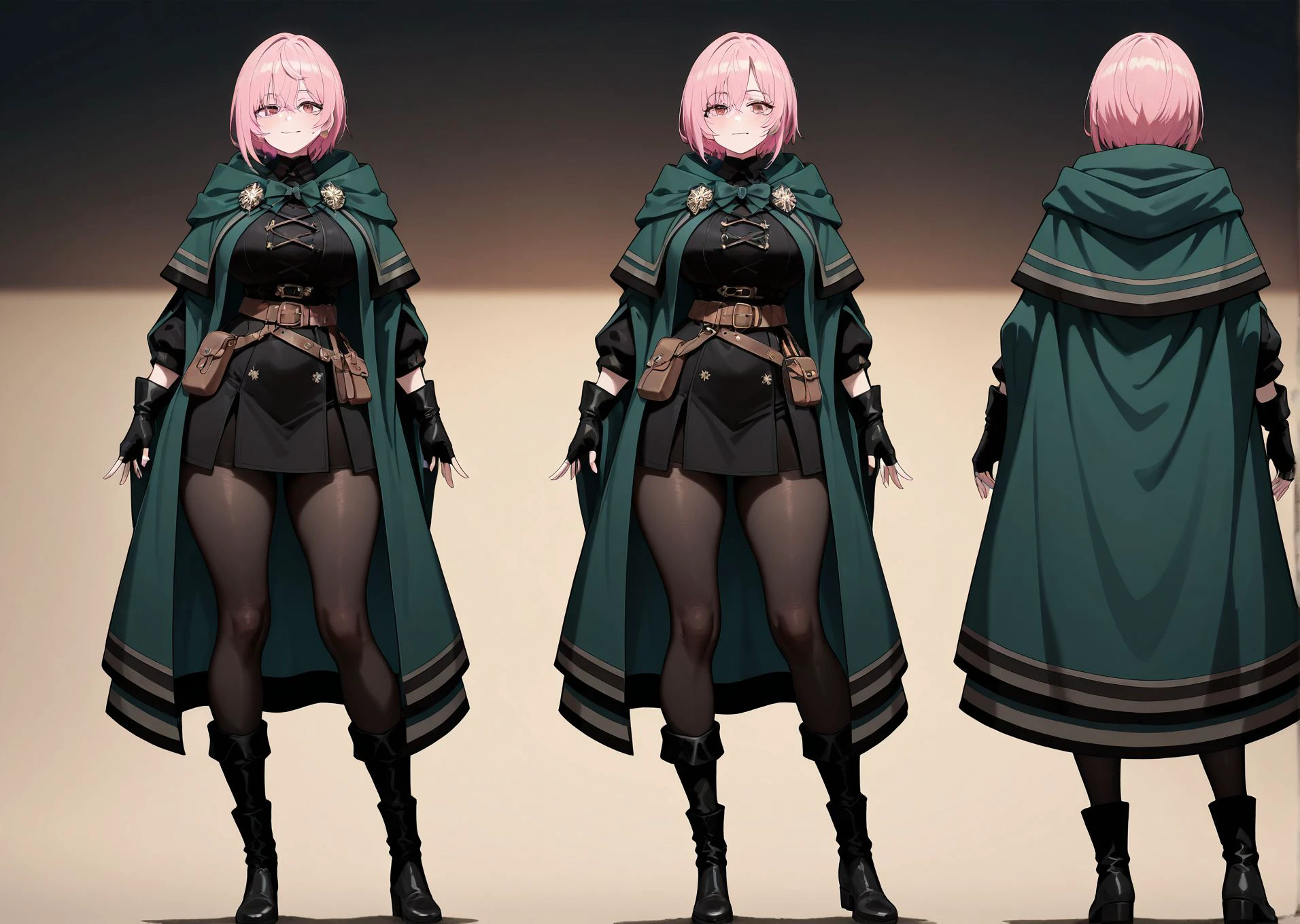 masterpiece,best quality,amazing quality,very aesthetic,absurdres,newest, huge filesize,
<lora:spo_sdxl_10ep_4k-data_lora_webui:0.5>,
1girl,
pink hair,
short hair,green cloak,
fingerless gloves, 
bow at the neck,
black outfit,leather belt,
pouches,short black boots,
standing pose,confident expression,
medieval-inspired design, black pantyhose, 
fantasy attire,
<lora:Let_This_Grieving_Soul_Retire_Sitri_SMART_IL:1>