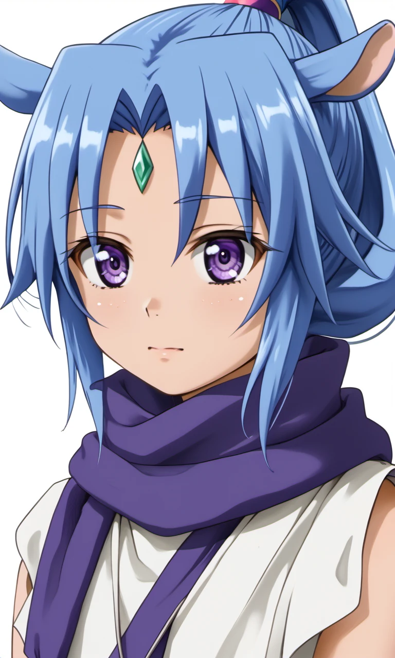 portrait, sharu, 1girl, purple eyes, blue hair, high ponytail, horse ears, forehead jewel, white tabard, purple scarf, 