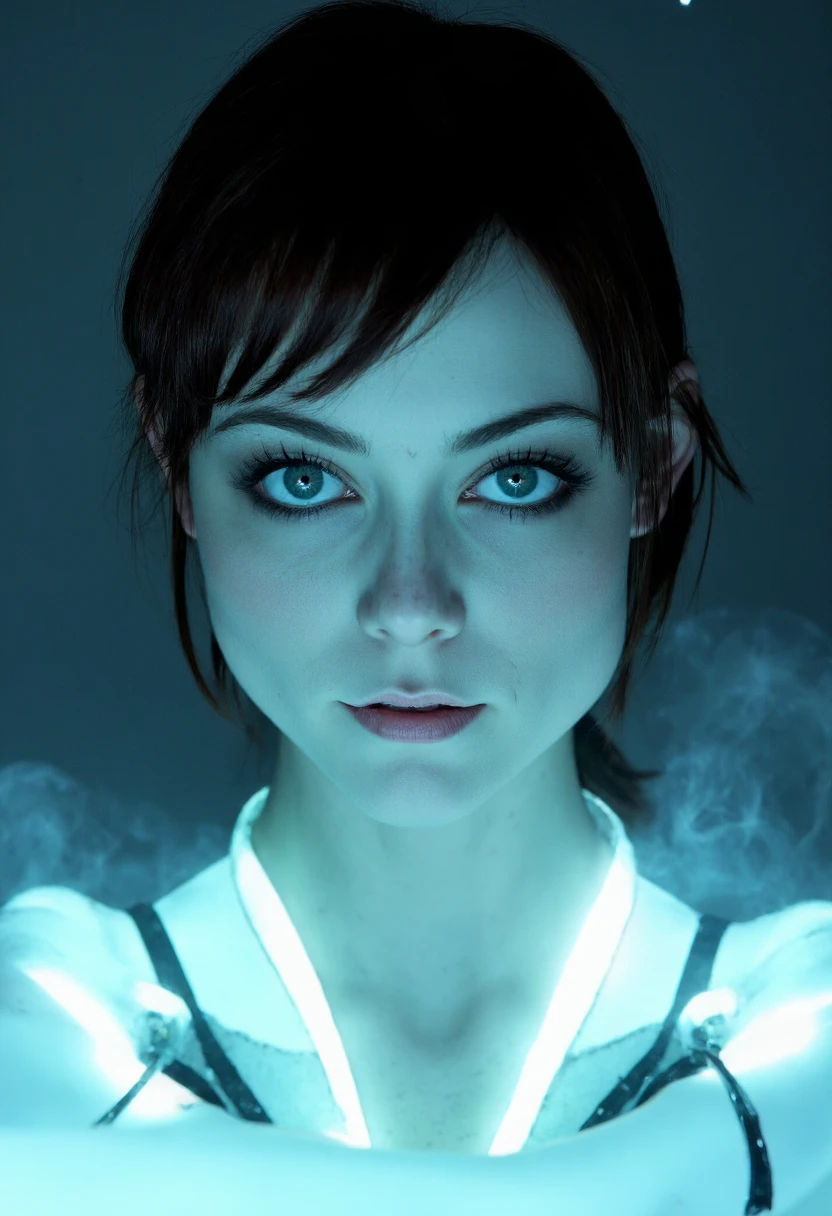 {    "T5": "A close-up shot of Zoe Voss, a stunning Grid program from the TRON universe, framed from the front with a shallow depth of field, her ethereal face illuminated by the harsh, cutting-edge light of LED strips, casting an otherworldly glow on her porcelain skin, accentuating her angular features and striking blue eyes. Her raven-black hair is slicked back, revealing her sharp jawline, and her full lips curve into a subtle, enigmatic smile. The dark, misty atmosphere of the Grid looms behind her, with fragments of neon code hovering at the edges of the frame. The image is captured using a high-contrast, high-saturation camera with a shallow aperture, emphasizing the stark, futuristic aesthetic of the TRON universe.",    "CLIP": "Zoe Voss, TRON, dark, hard light, LED strips, close-up, porcelain skin, blue eyes, raven-black hair, sharp jawline, enigmatic smile, neon code, high-contrast, high-saturation, shallow aperture" }